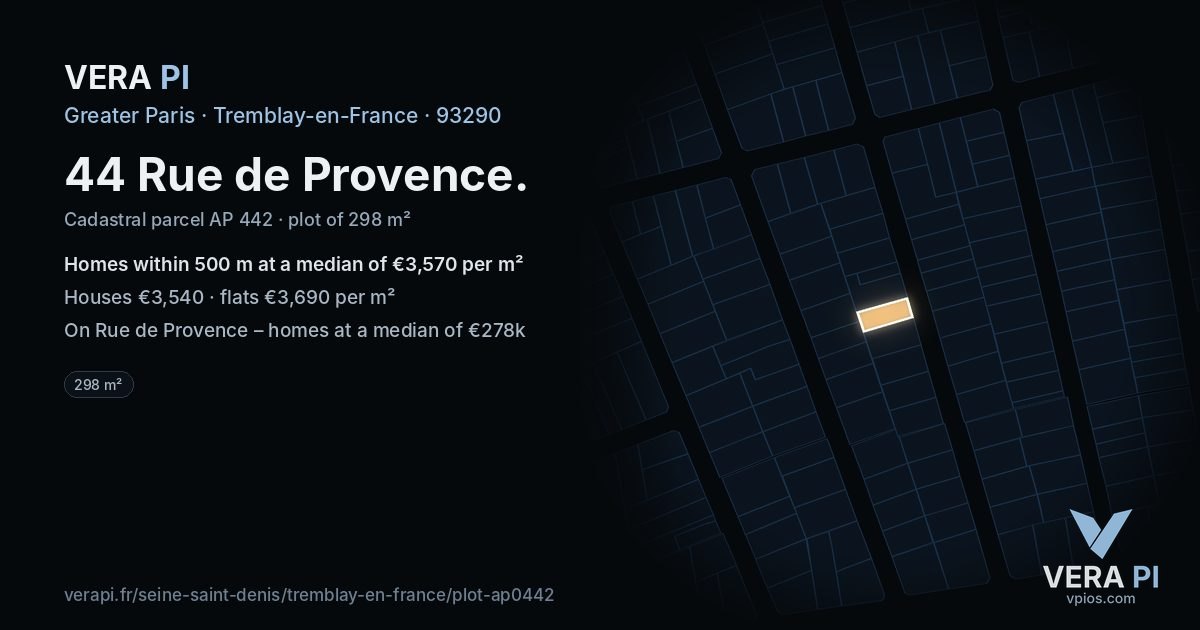 44 Rue de Provence, Tremblay-en-France at night – the plot lit, the parcels around coloured by the prices near them