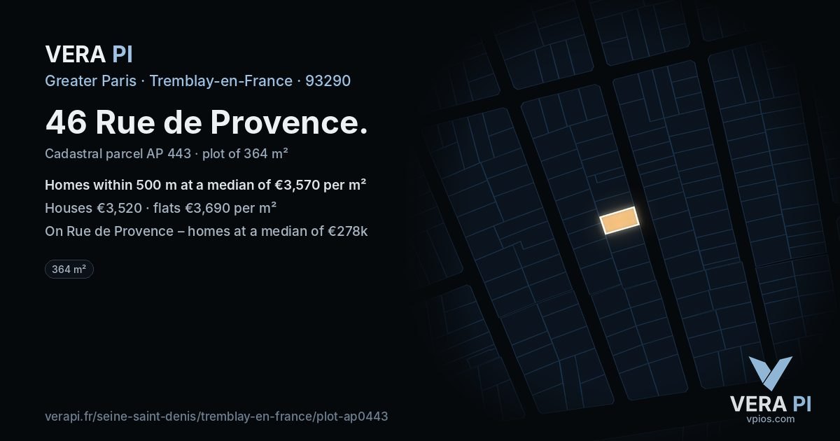 46 Rue de Provence, Tremblay-en-France at night – the plot lit, the parcels around coloured by the prices near them