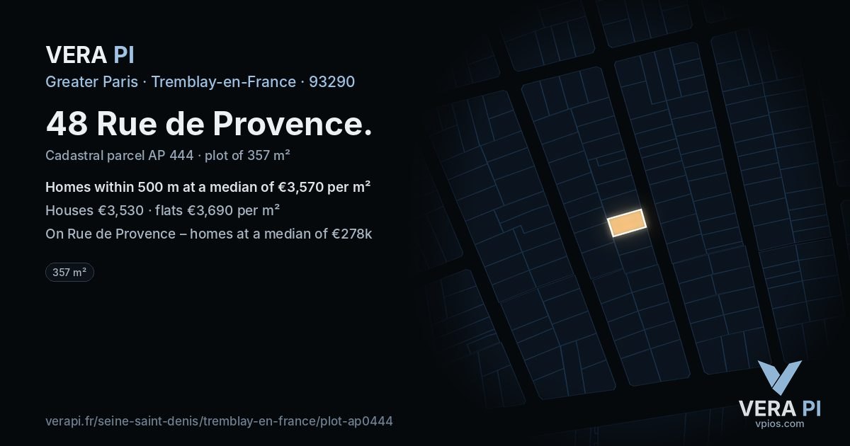 48 Rue de Provence, Tremblay-en-France at night – the plot lit, the parcels around coloured by the prices near them