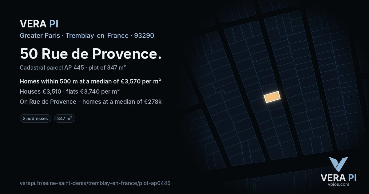 50 Rue de Provence, Tremblay-en-France at night – the plot lit, the parcels around coloured by the prices near them