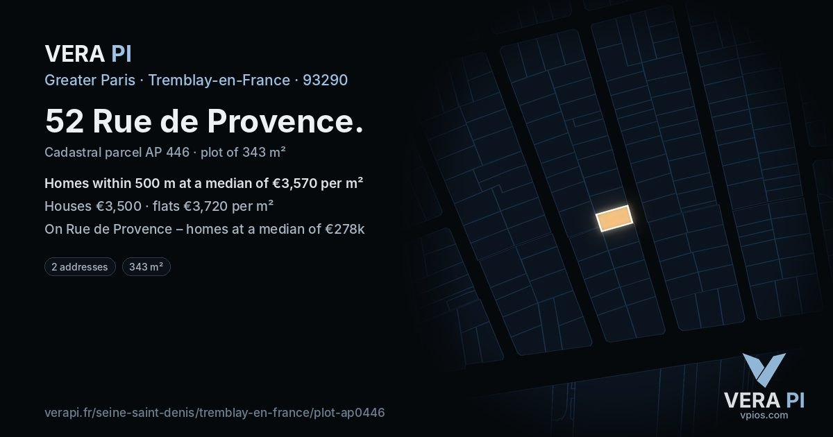 52 Rue de Provence, Tremblay-en-France at night – the plot lit, the parcels around coloured by the prices near them