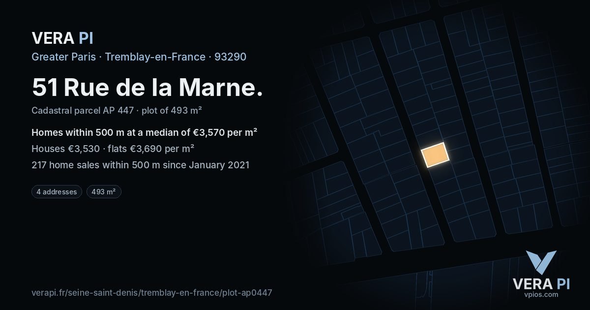 51 Rue de la Marne, Tremblay-en-France at night – the plot lit, the parcels around coloured by the prices near them