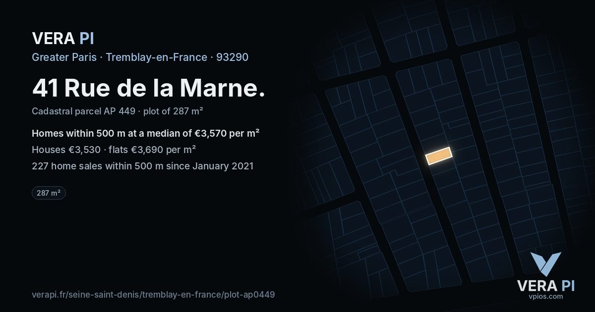 41 Rue de la Marne, Tremblay-en-France at night – the plot lit, the parcels around coloured by the prices near them