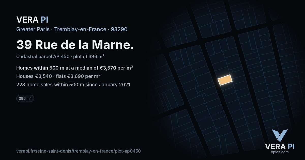39 Rue de la Marne, Tremblay-en-France at night – the plot lit, the parcels around coloured by the prices near them