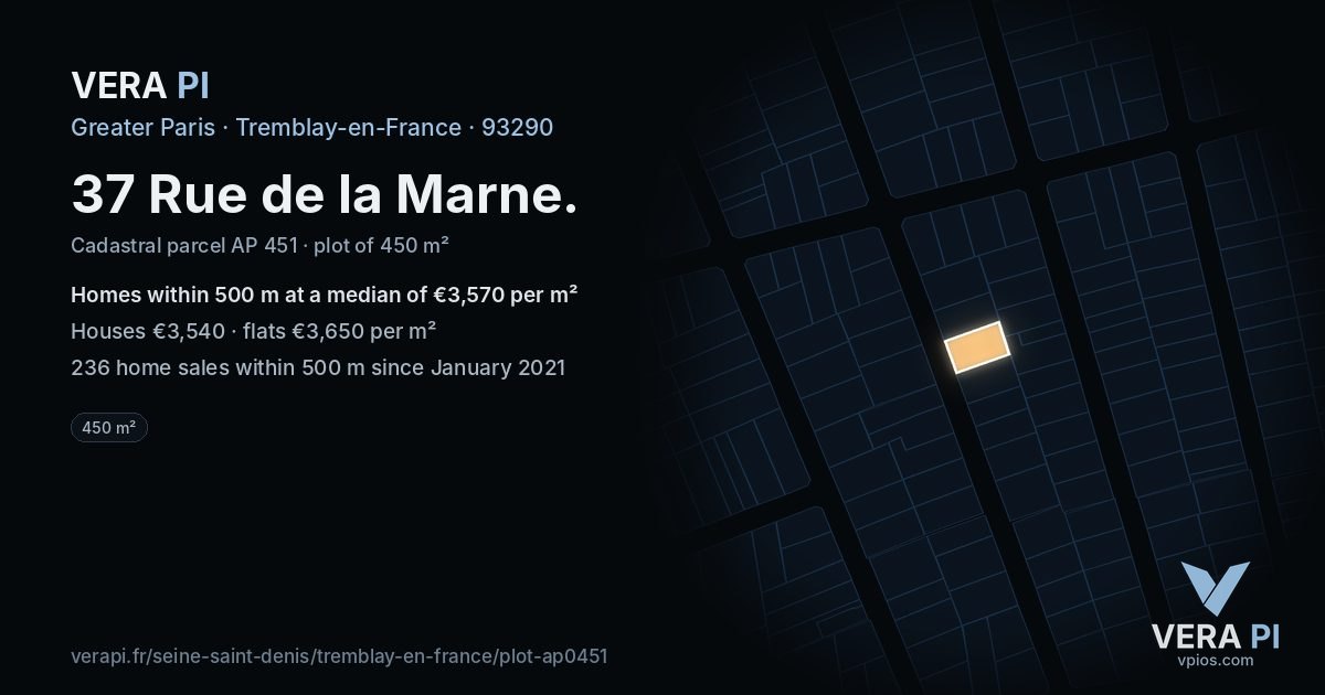 37 Rue de la Marne, Tremblay-en-France at night – the plot lit, the parcels around coloured by the prices near them