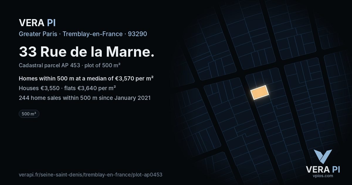 33 Rue de la Marne, Tremblay-en-France at night – the plot lit, the parcels around coloured by the prices near them
