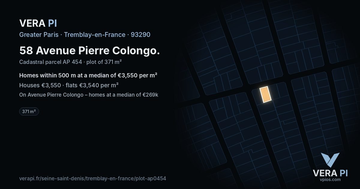 58 Avenue Pierre Colongo, Tremblay-en-France at night – the plot lit, the parcels around coloured by the prices near them