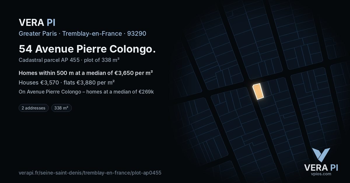 54 Avenue Pierre Colongo, Tremblay-en-France at night – the plot lit, the parcels around coloured by the prices near them