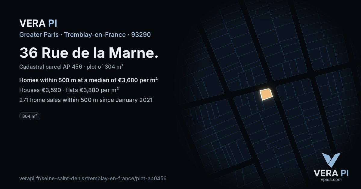 36 Rue de la Marne, Tremblay-en-France at night – the plot lit, the parcels around coloured by the prices near them