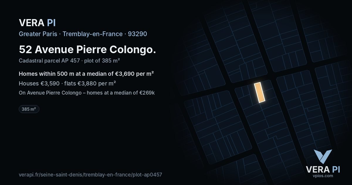 52 Avenue Pierre Colongo, Tremblay-en-France at night – the plot lit, the parcels around coloured by the prices near them