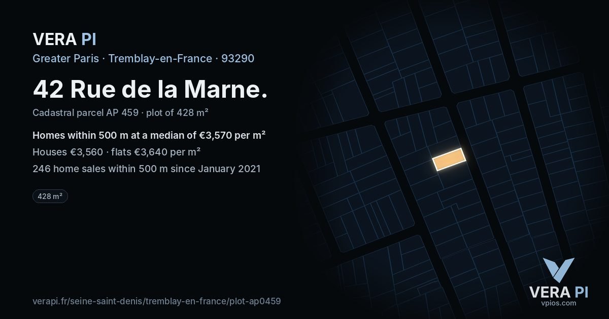 42 Rue de la Marne, Tremblay-en-France at night – the plot lit, the parcels around coloured by the prices near them