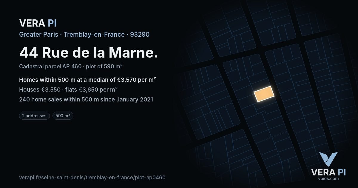 44 Rue de la Marne, Tremblay-en-France at night – the plot lit, the parcels around coloured by the prices near them