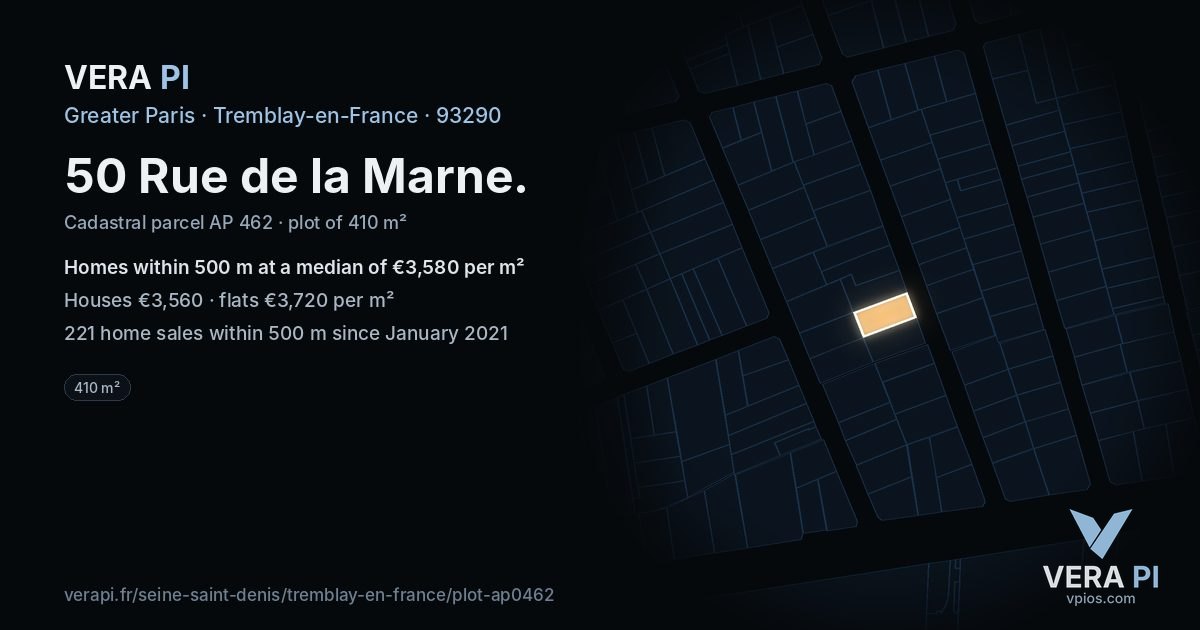 50 Rue de la Marne, Tremblay-en-France at night – the plot lit, the parcels around coloured by the prices near them