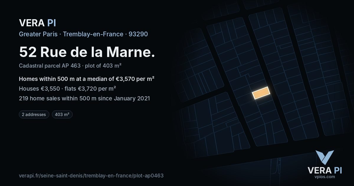 52 Rue de la Marne, Tremblay-en-France at night – the plot lit, the parcels around coloured by the prices near them