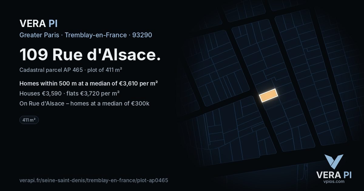 109 Rue d'Alsace, Tremblay-en-France at night – the plot lit, the parcels around coloured by the prices near them