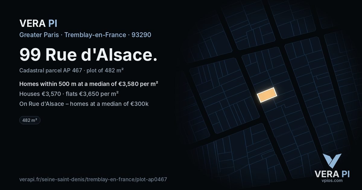 99 Rue d'Alsace, Tremblay-en-France at night – the plot lit, the parcels around coloured by the prices near them