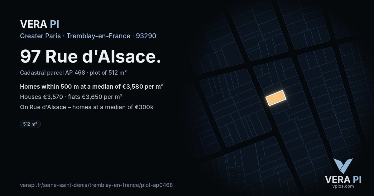 97 Rue d'Alsace, Tremblay-en-France at night – the plot lit, the parcels around coloured by the prices near them