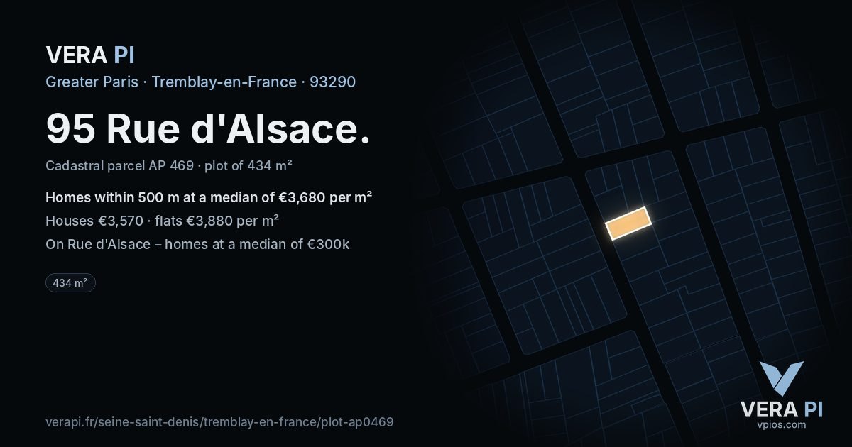 95 Rue d'Alsace, Tremblay-en-France at night – the plot lit, the parcels around coloured by the prices near them