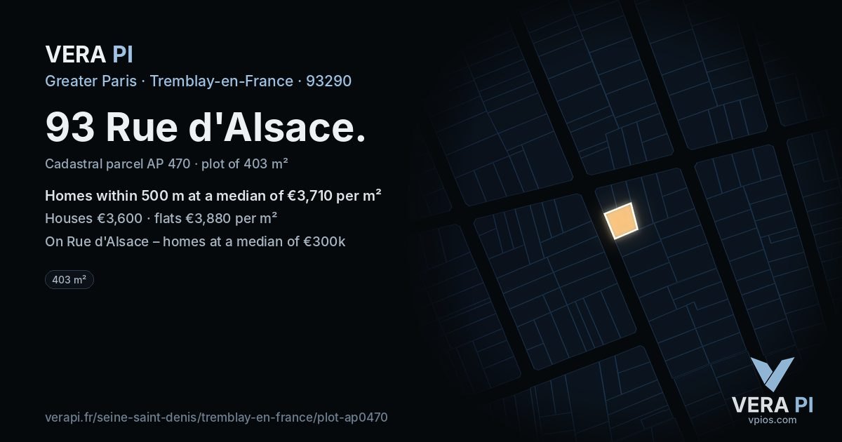 93 Rue d'Alsace, Tremblay-en-France at night – the plot lit, the parcels around coloured by the prices near them