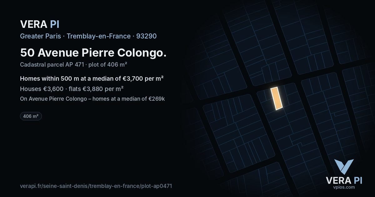 50 Avenue Pierre Colongo, Tremblay-en-France at night – the plot lit, the parcels around coloured by the prices near them