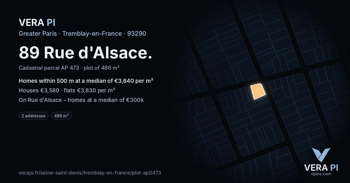 89 Rue d'Alsace, Tremblay-en-France at night – the plot lit, the parcels around coloured by the prices near them