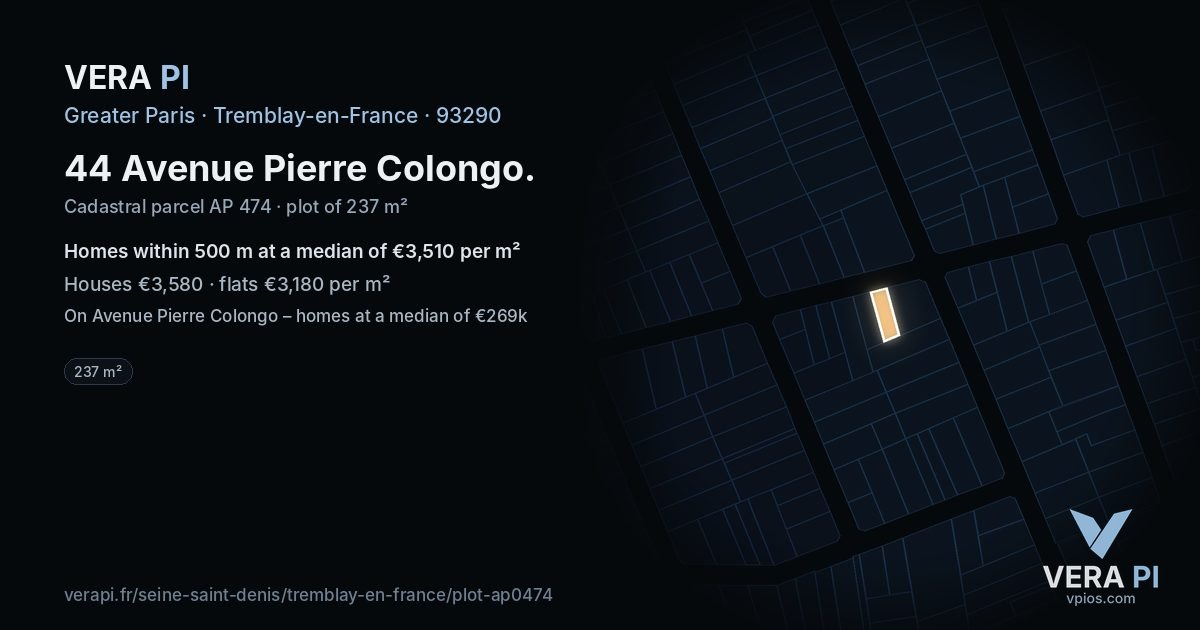 44 Avenue Pierre Colongo, Tremblay-en-France at night – the plot lit, the parcels around coloured by the prices near them