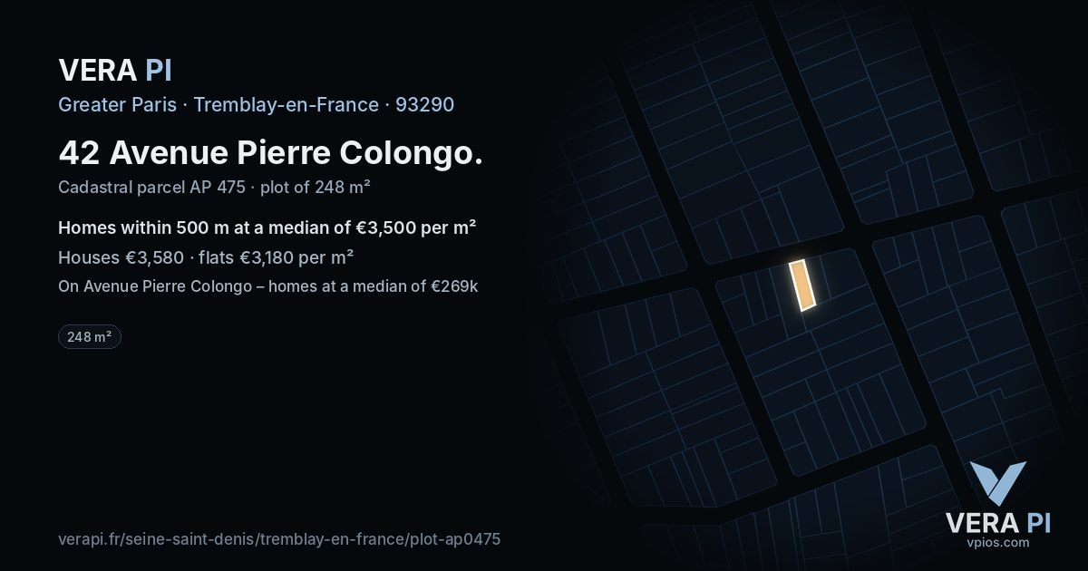 42 Avenue Pierre Colongo, Tremblay-en-France at night – the plot lit, the parcels around coloured by the prices near them