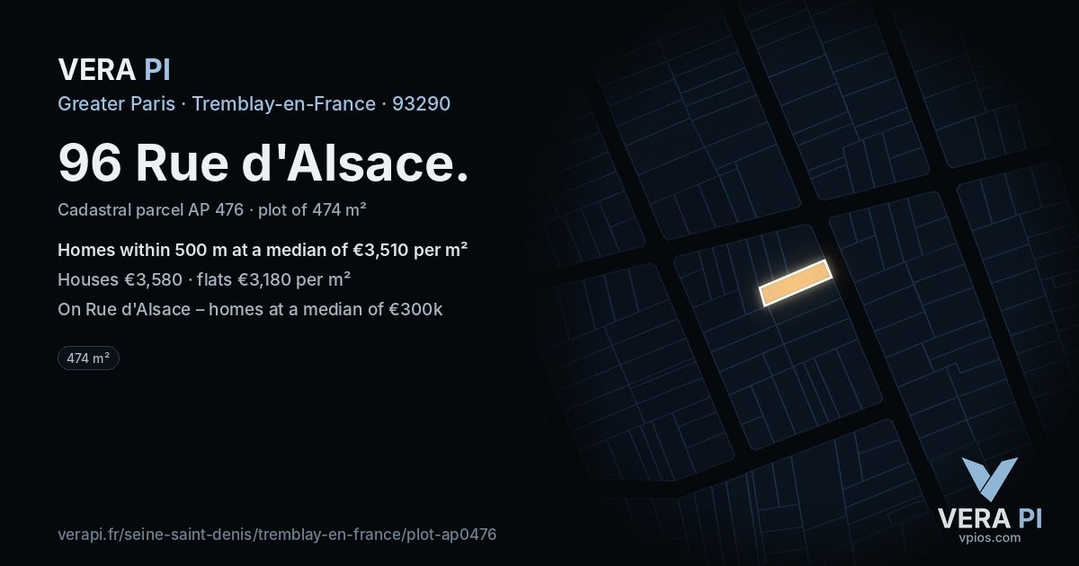 96 Rue d'Alsace, Tremblay-en-France at night – the plot lit, the parcels around coloured by the prices near them