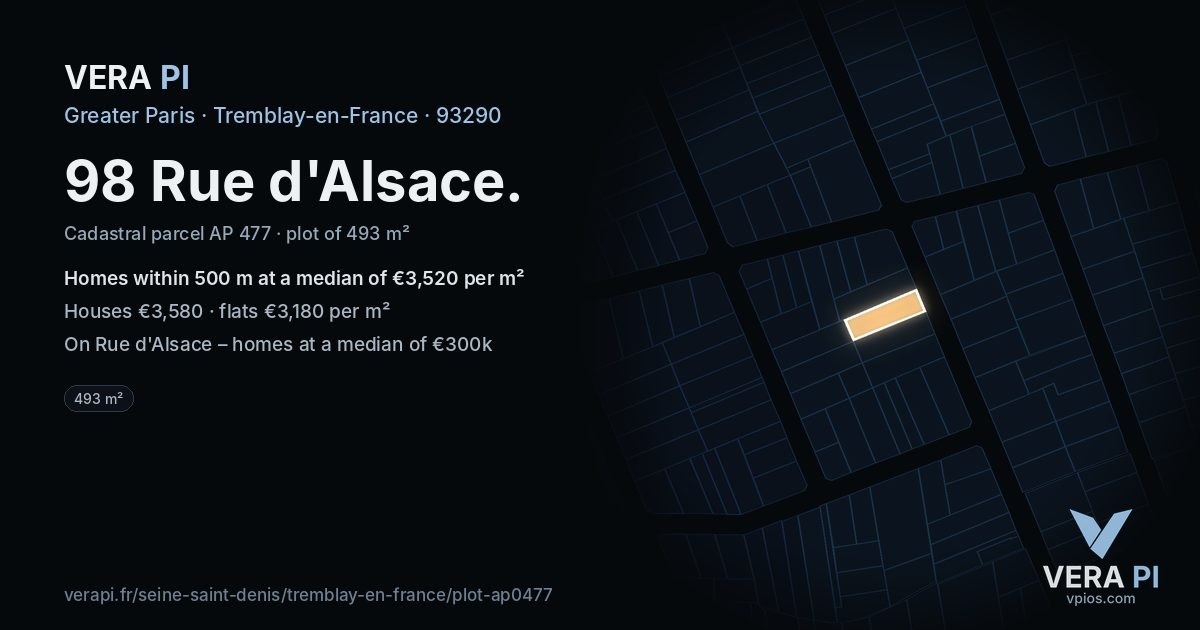 98 Rue d'Alsace, Tremblay-en-France at night – the plot lit, the parcels around coloured by the prices near them