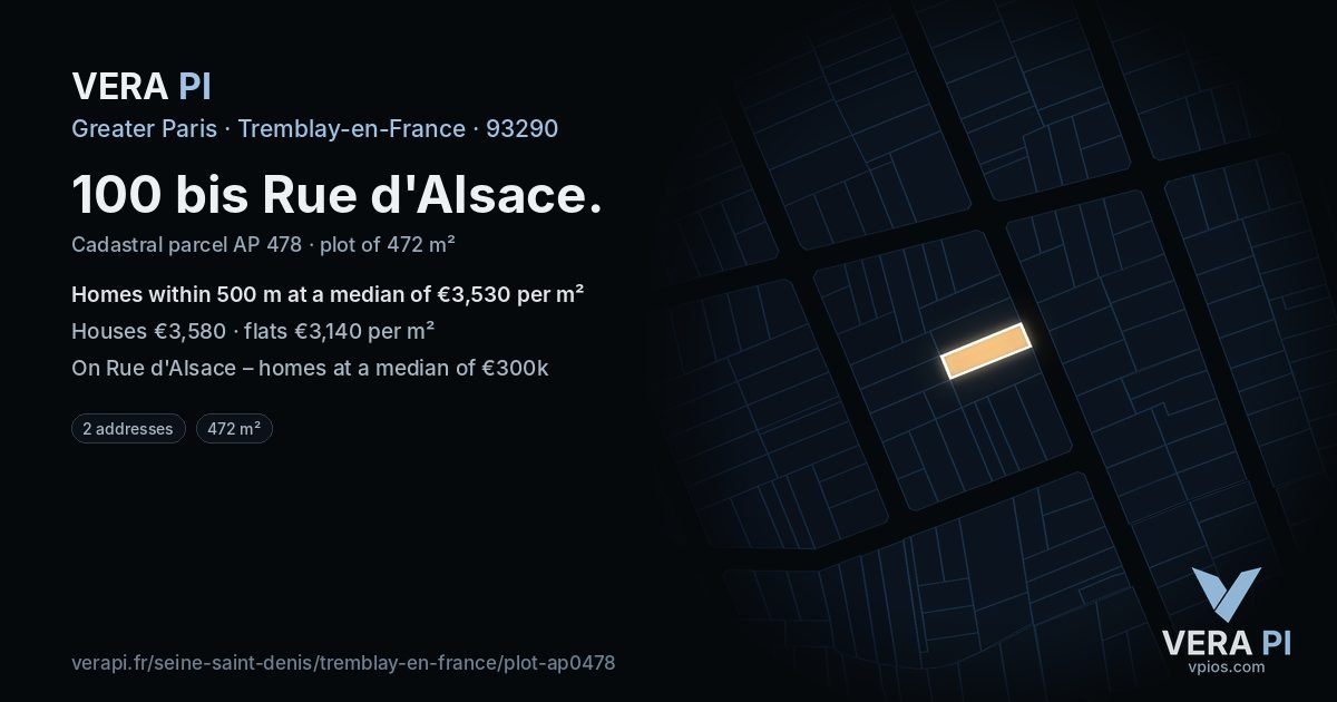 100 bis Rue d'Alsace, Tremblay-en-France at night – the plot lit, the parcels around coloured by the prices near them