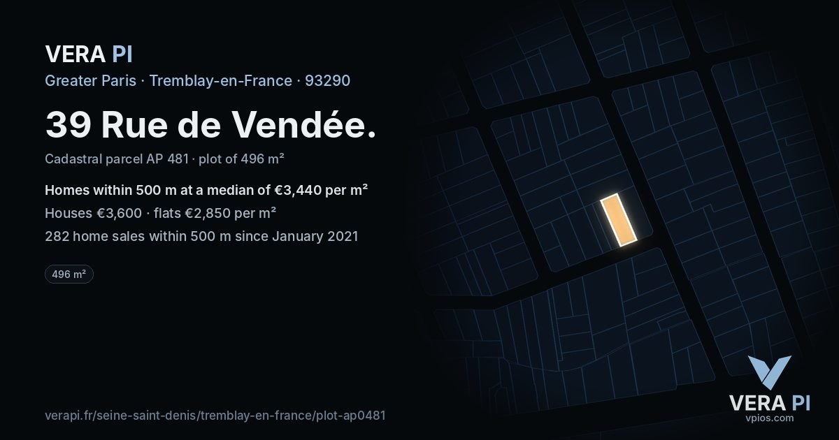 39 Rue de Vendée, Tremblay-en-France at night – the plot lit, the parcels around coloured by the prices near them