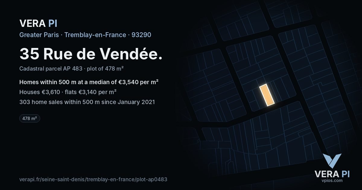 35 Rue de Vendée, Tremblay-en-France at night – the plot lit, the parcels around coloured by the prices near them