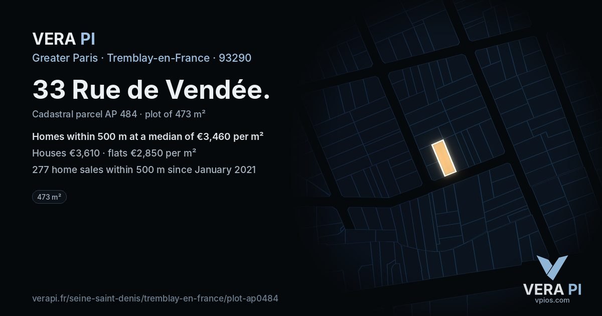 33 Rue de Vendée, Tremblay-en-France at night – the plot lit, the parcels around coloured by the prices near them