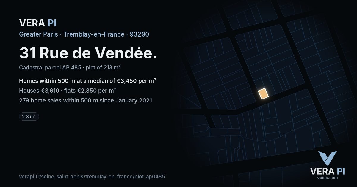 31 Rue de Vendée, Tremblay-en-France at night – the plot lit, the parcels around coloured by the prices near them