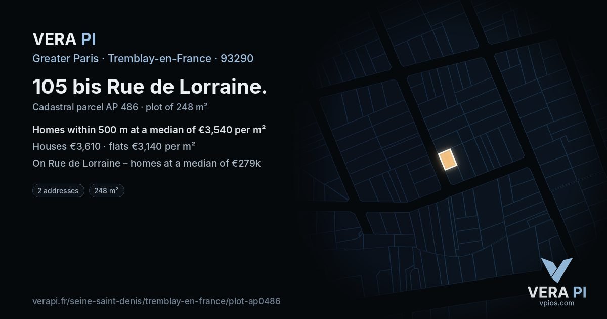 105 bis Rue de Lorraine, Tremblay-en-France at night – the plot lit, the parcels around coloured by the prices near them