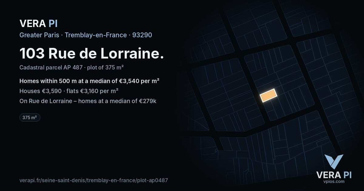 103 Rue de Lorraine, Tremblay-en-France at night – the plot lit, the parcels around coloured by the prices near them