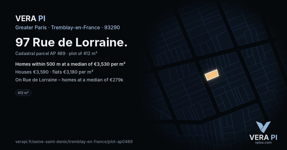 97 Rue de Lorraine, Tremblay-en-France at night – the plot lit, the parcels around coloured by the prices near them