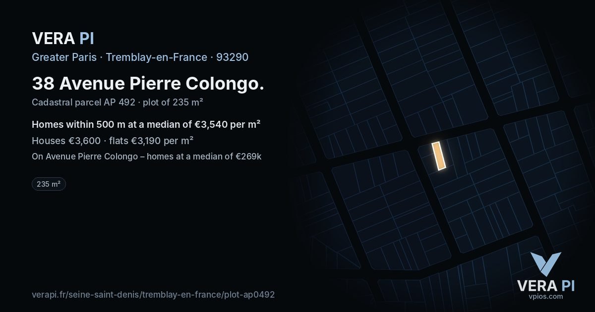 38 Avenue Pierre Colongo, Tremblay-en-France at night – the plot lit, the parcels around coloured by the prices near them