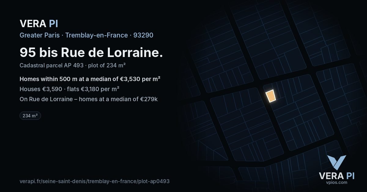 95 bis Rue de Lorraine, Tremblay-en-France at night – the plot lit, the parcels around coloured by the prices near them