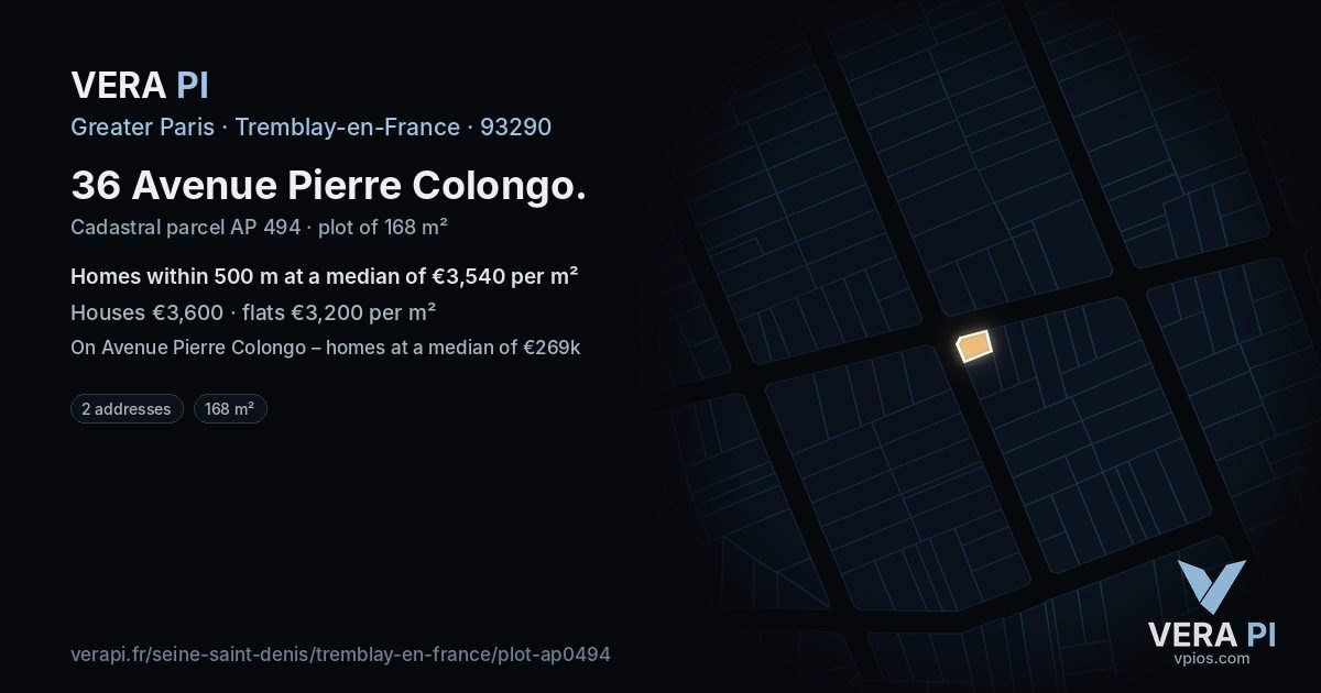 36 Avenue Pierre Colongo, Tremblay-en-France at night – the plot lit, the parcels around coloured by the prices near them