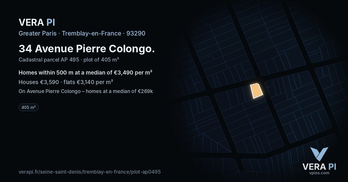 34 Avenue Pierre Colongo, Tremblay-en-France at night – the plot lit, the parcels around coloured by the prices near them