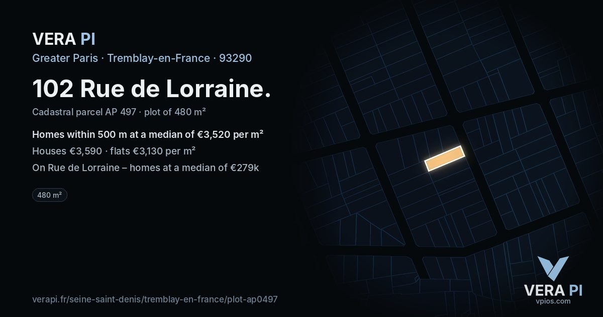 102 Rue de Lorraine, Tremblay-en-France at night – the plot lit, the parcels around coloured by the prices near them