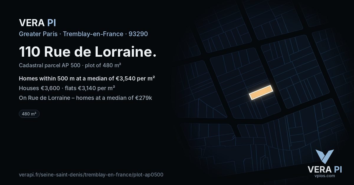 110 Rue de Lorraine, Tremblay-en-France at night – the plot lit, the parcels around coloured by the prices near them