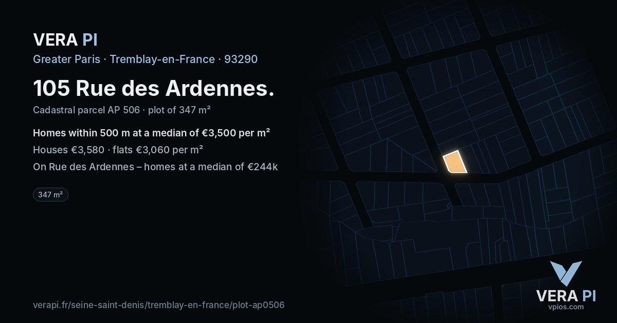 105 Rue des Ardennes, Tremblay-en-France at night – the plot lit, the parcels around coloured by the prices near them