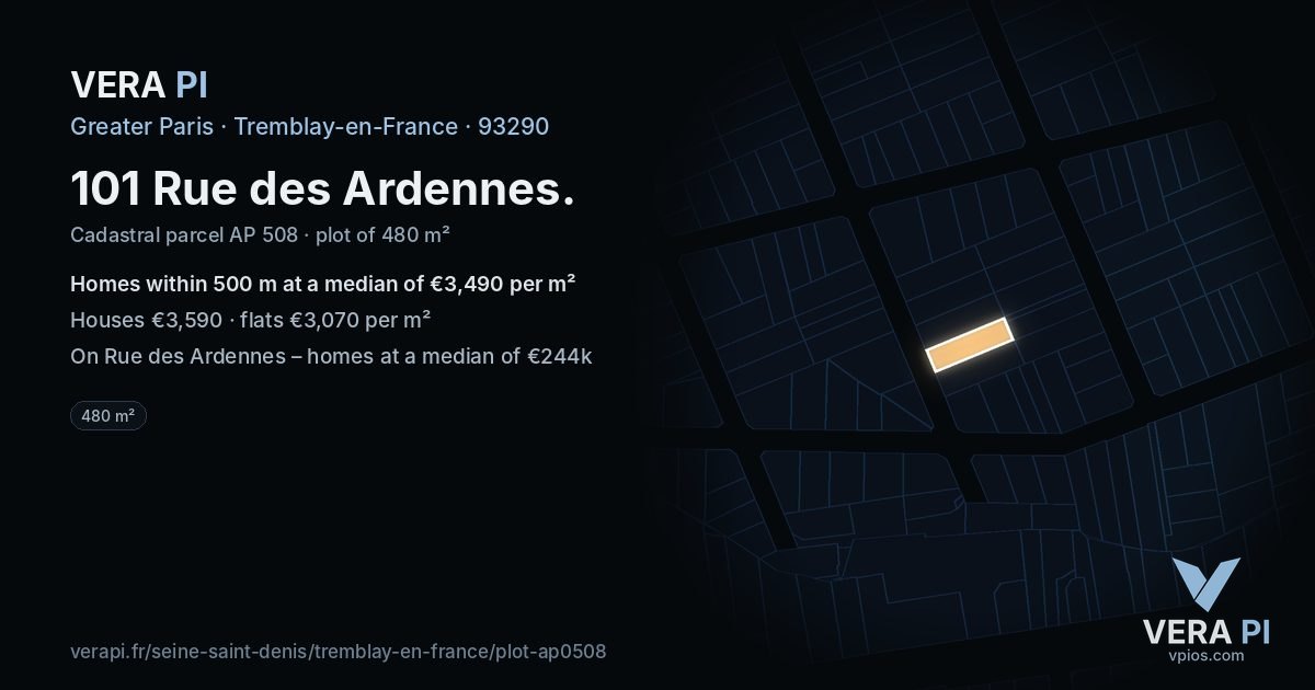 101 Rue des Ardennes, Tremblay-en-France at night – the plot lit, the parcels around coloured by the prices near them