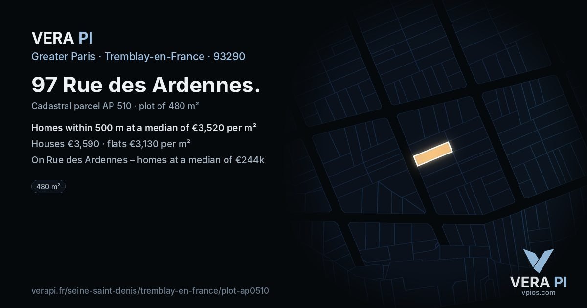 97 Rue des Ardennes, Tremblay-en-France at night – the plot lit, the parcels around coloured by the prices near them