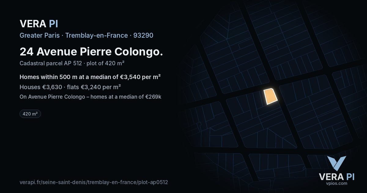 24 Avenue Pierre Colongo, Tremblay-en-France at night – the plot lit, the parcels around coloured by the prices near them
