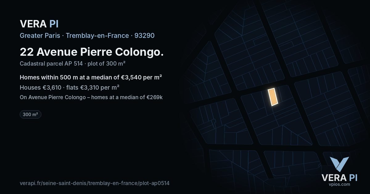 22 Avenue Pierre Colongo, Tremblay-en-France at night – the plot lit, the parcels around coloured by the prices near them