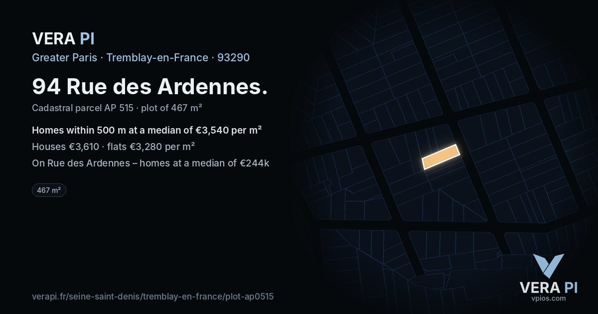 94 Rue des Ardennes, Tremblay-en-France at night – the plot lit, the parcels around coloured by the prices near them