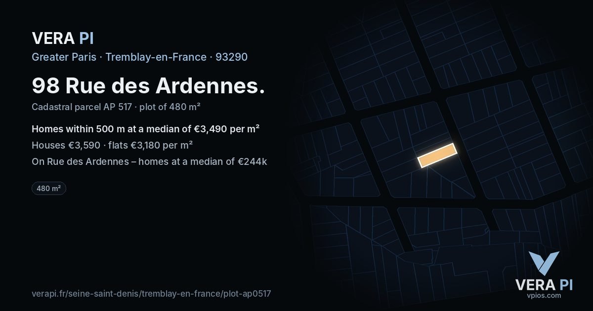 98 Rue des Ardennes, Tremblay-en-France at night – the plot lit, the parcels around coloured by the prices near them